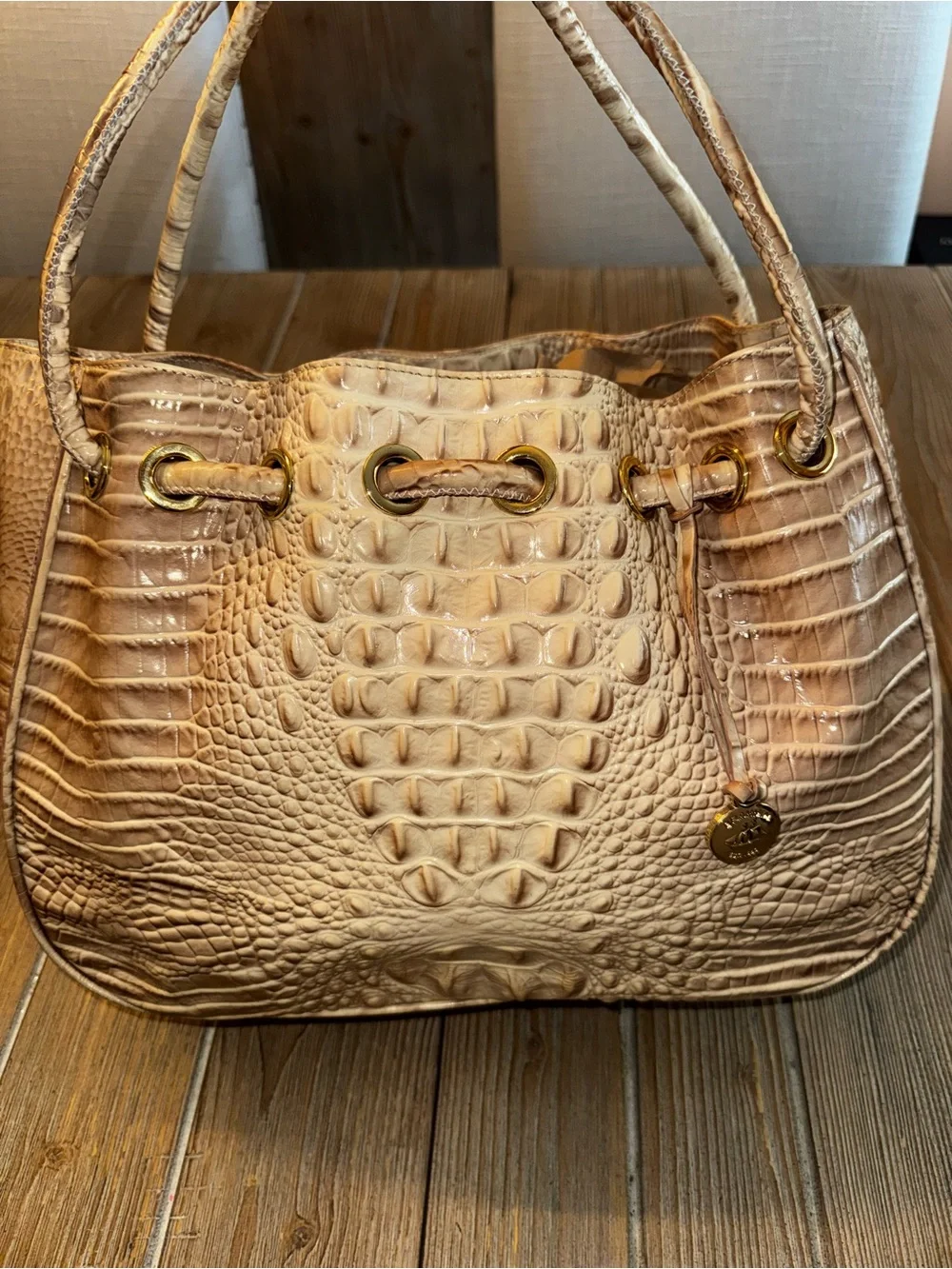 Brahmin Large Duxbury Drawstring Bucket Bag in Parchment Melbourne croc embossed
